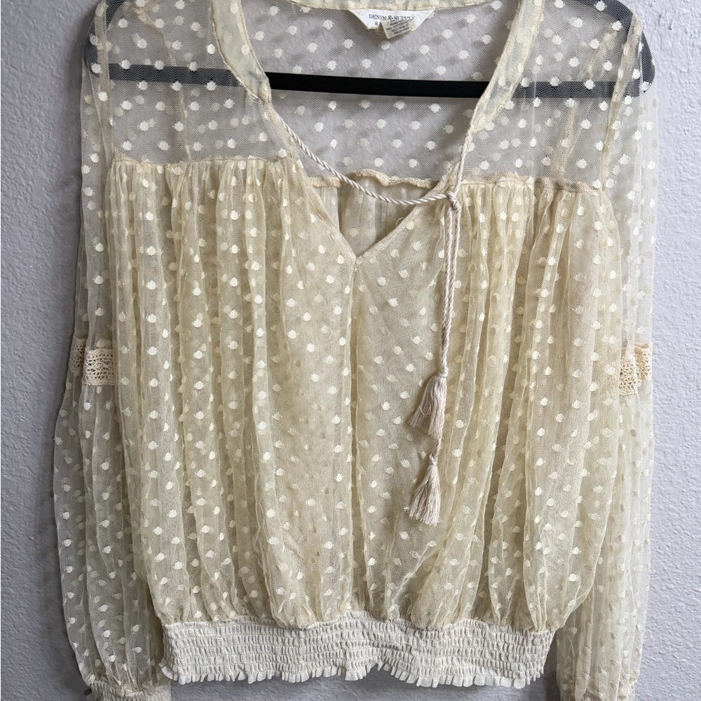 Ralph Lauren Cream Swiss Dot Sheer Peasant Blouse